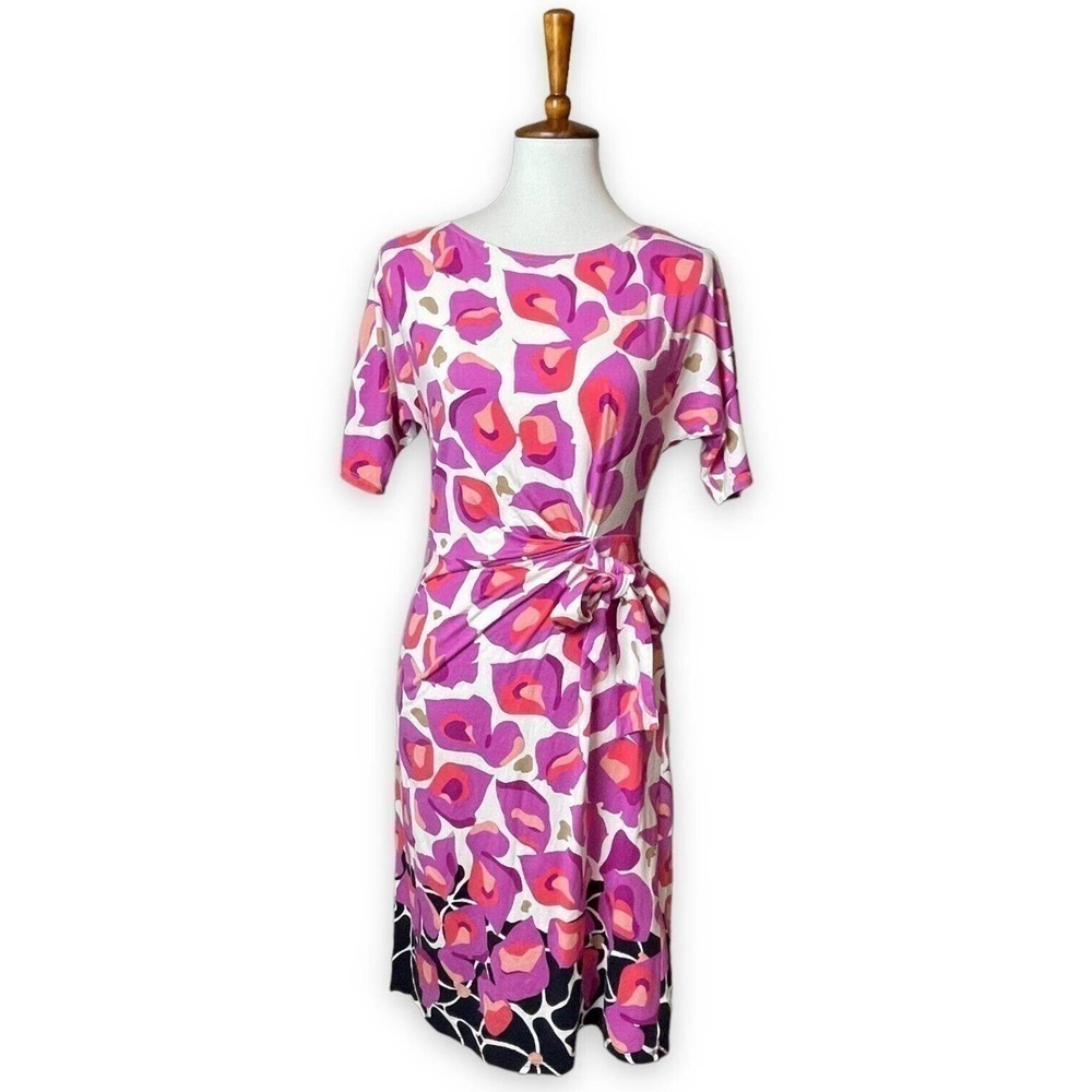 🍀Ann Taylor Women's Multicolor Abstract Round Neck Tie Waist Shift Dress Size S